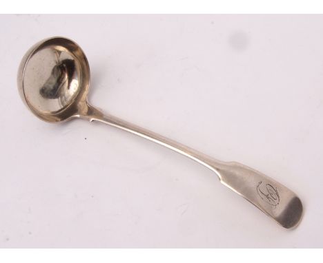 George IV Scottish Fiddle pattern ladle with circular bowl, initialled, length 16cms, weight approx 33gms, Edinburgh 1828, ma