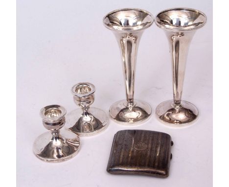 Mixed Lot: pair of plain and polished silver trumpet vases, together with a pair of squat candlesticks (both pairs loaded) an