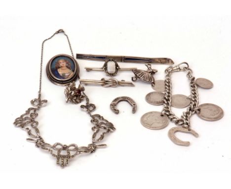 Mixed Lot: hallmarked silver bracelet suspending six drilled coins and a silver good luck horseshoe charm, hand painted brooc