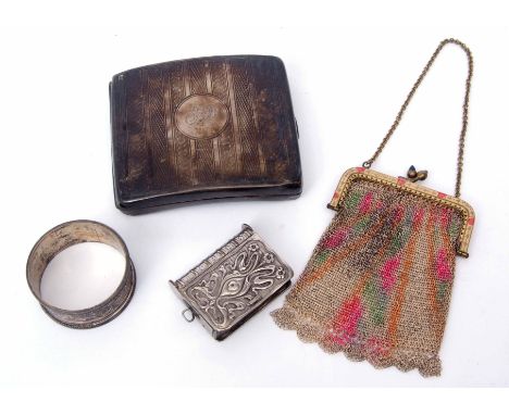 Mixed Lot: hallmarked silver cigarette case, Birmingham 1900, plated serviette ring and an embossed vesta, together with a vi