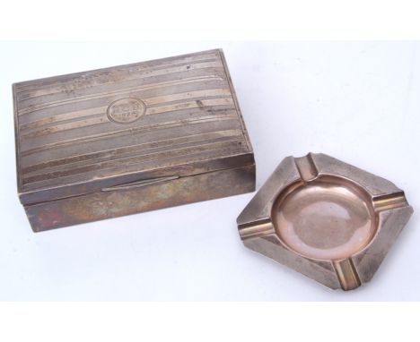 Mixed Lot: George V table cigarette box of hinged rectangular form with stripe engraved decoration and initialled cartouche t