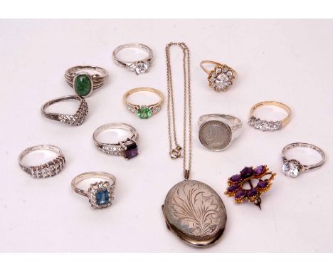 Mixed Lot: silver oval locket and chain, hallmarked Birmingham 1975, three 585 and 14K stamped rings, all paste set, three wh