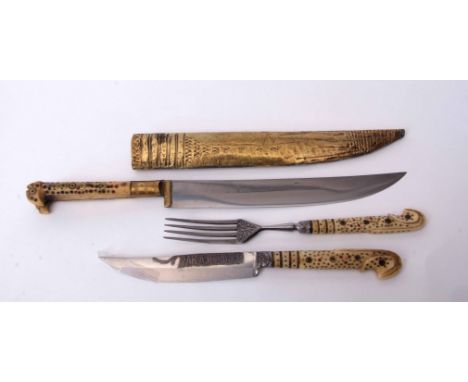 Mixed Lot: European bone handled knife and fork with brass pique work inlaid handle and engraved blade "Sarajevo, 1891", toge