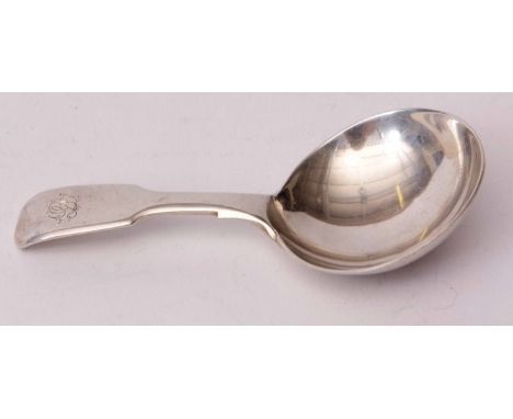 William IV Fiddle pattern caddy spoon with polished circular bowl, initialled, length 8cms, London 1833, maker's mark JH with