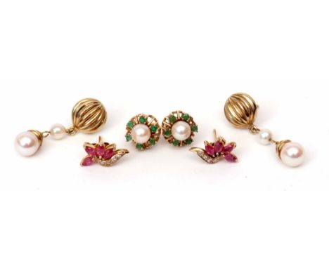 Mixed Lot: three pairs of 9ct gold earrings, all with post fittings, ruby and diamond cluster, emerald and pearl cluster, tog