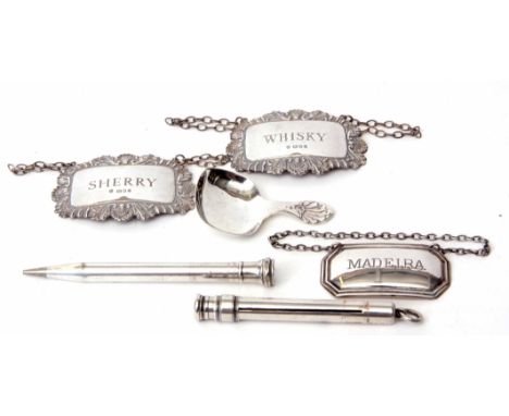 Mixed Lot: three various decanter labels, together with an Elizabeth II caddy spoon, a silver cased sliding pencil case with 