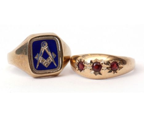 Mixed Lot: 9ct gold and blue enamel Masonic ring, rectangular shaped panel with compass and square motif, plain polished moun