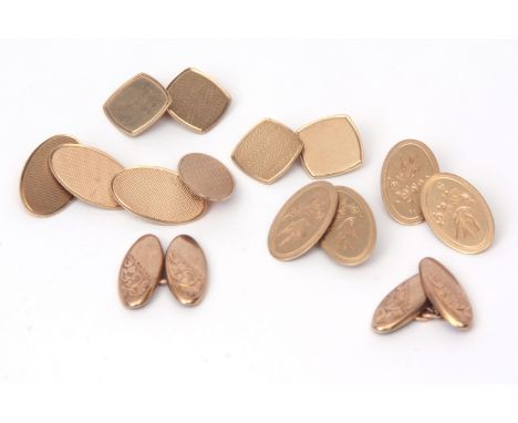 Mixed Lot: three pairs of 9ct gold oval shaped cuff links, one pair engine turned design, two with chased and engraved design