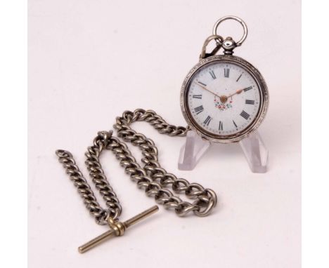 Late 19th century Swiss silver cased open face cylinder fob watch, frosted gilt and jewelled movement with cylinder escapemen