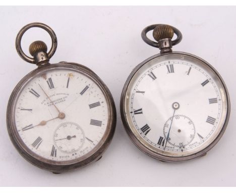 Mixed Lot: two Swiss silver cased open face pocket watches, both with frosted lever movements to Roman enamel dials with subs