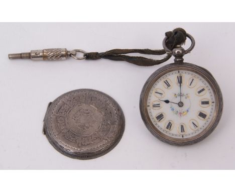 Late 19th century Swiss silver cased open face cylinder fob watch, the frosted gilt and jewelled movement (a/f) to a fancy Ro