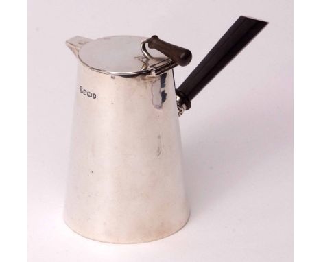 Late Victorian chocolate pot of polished tapering cylindrical form with hinged cover with hardwood finial and side mounted fa