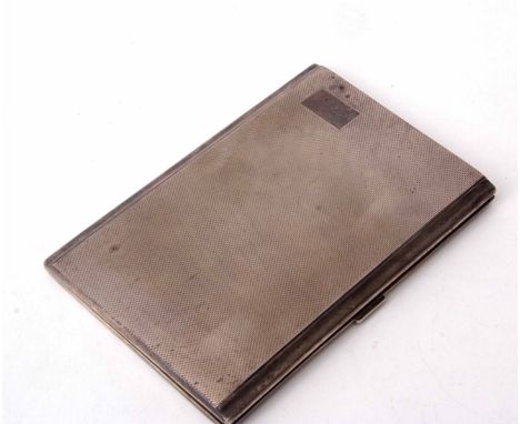 Elizabeth II cigarette case of hinged rectangular form with all over engine turned decoration and vacant cartouche to a frost