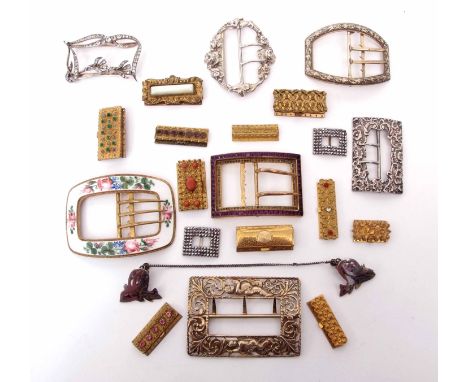 Collection of antique buckles to include two large hallmarked silver cast buckles, a gilt metal and translucent enamel buckle