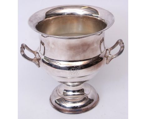 Late 20th century silver on copper wine cooler of urn form with applied side handles and presentation inscription, height 24c