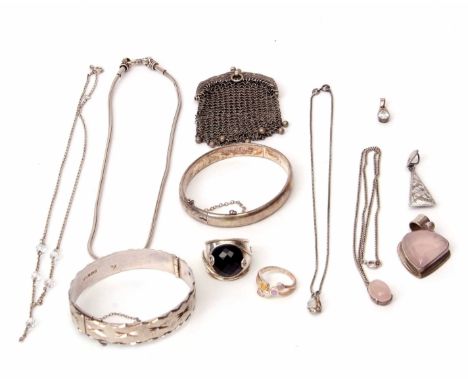 Mixed Lot: two hallmarked silver hinged bracelets, antique meshwork purse, modern 925 pendants etc  