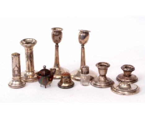 Mixed Lot: two various pairs of candlesticks (both pairs a/f), two further single squat candlesticks, composite pin cushion, 