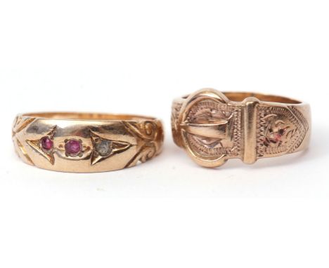 Mixed Lot: 9ct gold buckle ring, having chased and engraved shoulder decoration, 4.6gms, size H/I together with a 9ct gold ru