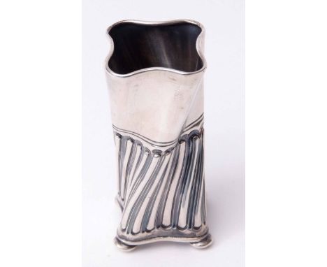 Victorian posy holder of wrythen square section and half fluted form, raised on four button feet, height 8cms, weight approx 