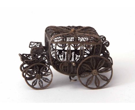 White metal filigree model of a coach, length 6 1/2 cms 