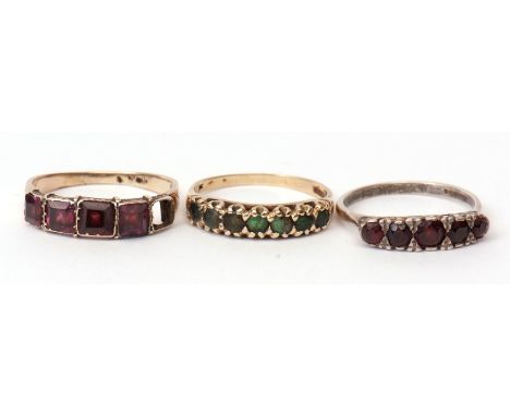 Mixed Lot: 9ct gold and small emerald ring, a 4-stone amethyst ring (one missing), together with a silver and garnet dress ri