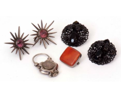 Mixed Lot: vintage white metal padlock pendant featuring a circular glazed panel of plaited hair, a square carnelian brooch i