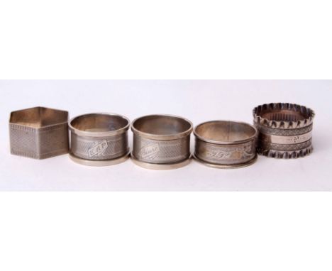 Mixed Lot: pair of cylindrical napkin rings with engine turned decoration and initialled cartouches together with two further