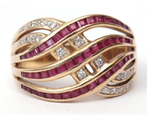 Precious metal ruby and diamond stylised ring having three bands of small pave set rubies (one missing) and two bands of smal