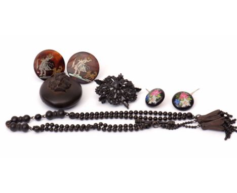 Mixed Lot: Victorian jet vulcanite cameo mourning locket/pendant, two pique inlaid cloak buttons, pair of circular hand paint