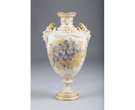 Royal Worcester vase, baluster form, twin Bacchus masks decorated with blue flowers and gilt enrichments. Model No 1407 Rd No