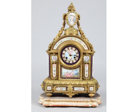 French ormolu and porcelain mantel clock, hand painted porcelain dial with cherub depicting Cupid. Roman numerals with variou