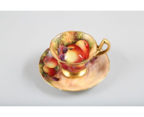 Royal Worcester cup and saucer, hand painted with fallen fruit in a naturalistic background signed Ayrton and Townsend, date 
