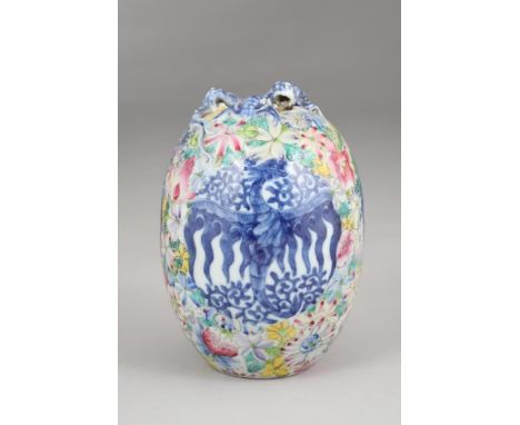 19th/20th Century Chinese vase of ovoid form, applied dragon to the top, decorated with colourful flowers and three blue serp