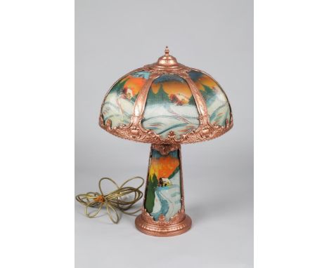 American metal and hand painted glass table lamp and shade, tapering column painted with a winter landscape and a matching do