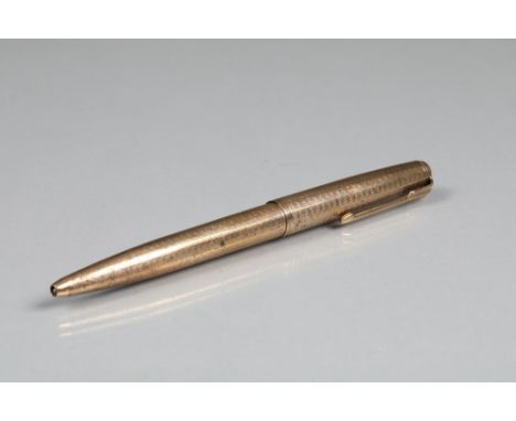 Boxed 9 carat gold Parker biro pen, engine turned decoration, 13cm long Pen is in very good condition. No monograms or engrav