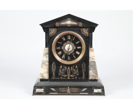 19th Century black slate and marble Egyptian revival mantel clock, two train eight day movement. Hieroglyphic decoration, 43 
