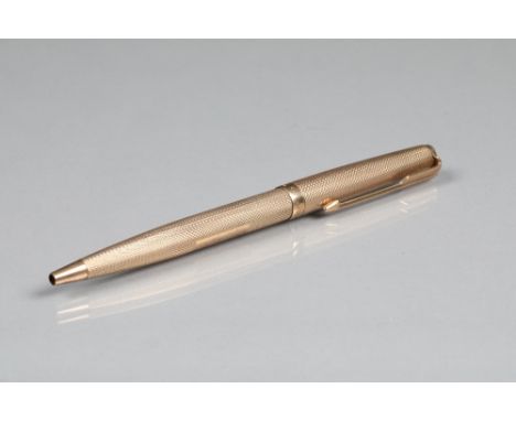 Boxed 9 carat gold Parker biro pen, engine turned decoration, 12.5cm long Pen is in very good condition. No monograms or engr
