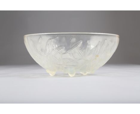 Rene Lalique frosted moulded glass bowl in the Gui pattern depicting a swirl of mistletoe leaves and berries and set on mould