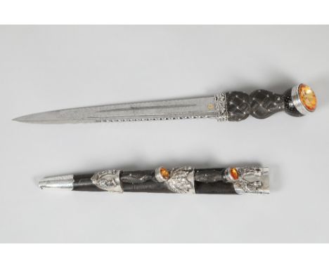 Scottish silver plated Regimental Officers dirk, decorated with embossed thistles, complete with knife and fork attachment, c