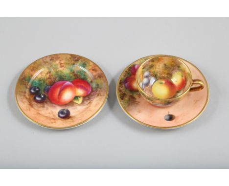 Royal Worcester miniature trio cup, saucer and side plate. All hand painted with fruit in a naturalistic background. Signed F
