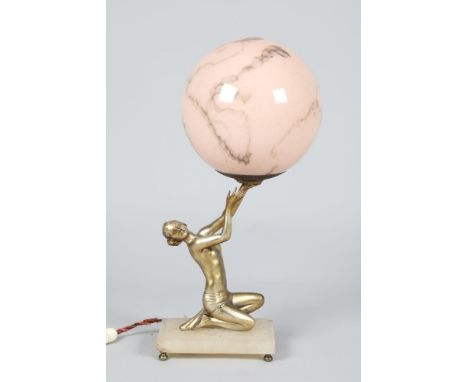 Art Deco silvered speltar lady figure table lamp, kneeling lady with outstretched arms with a pink spherical glass lamp shade