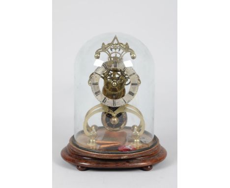 A 19th Century brass fusee skeleton clock with Roman numerals on a silvered chapter ring under a glass dome by Litherland Dav