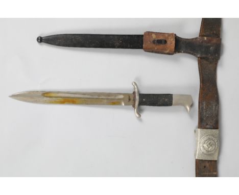 World War II German dagger, Hurst Wolfe G.M.B.H. Leipzig CI with metal scabbard, along with brown leather belt with swastika 