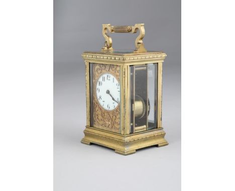 French brass repeating carriage clock white dial with black numbers, five glass case with repeating function with travel case