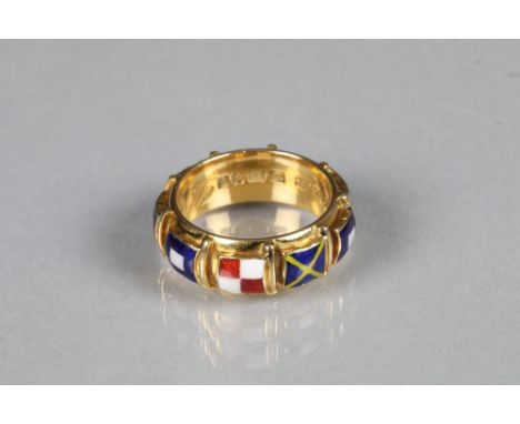 Boxed 18 carat gold band with enamelled nautical flags, weight 11.2 grams The ring is in good condition, enamel flags are all