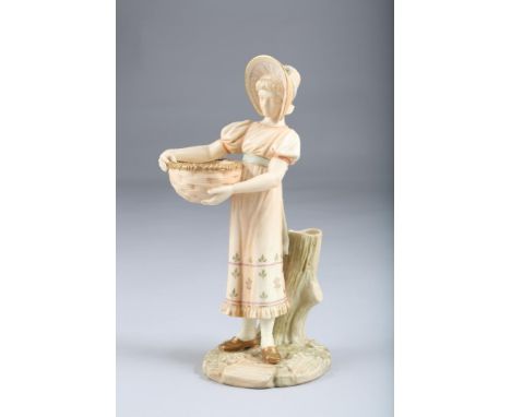 Royal Worcester figure spill vase, figure of a young girl holding a basket. Model No 886 date coded 1893, 25.5cm high The vas