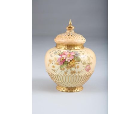 Royal Worcester blush ware potpourri jar, lid and pierced cover, decorated with a hand painted floral spray. Model No 1286 da