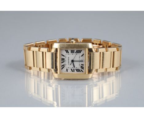 Gents Cartier 18 carat gold square faced automatic wrist watch with sapphire crown, silvered dial with Roman numerals with an