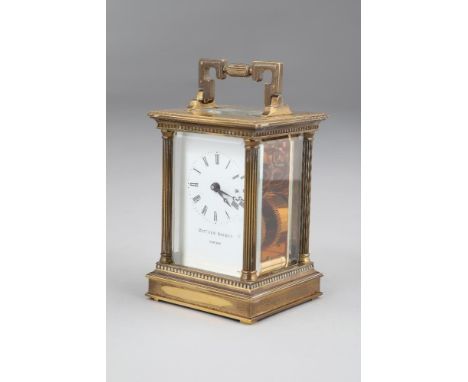 Brass carriage clock by Matthew Norman, London, mid 20th Century, rectangular white dial with Roman numerals, five glass case