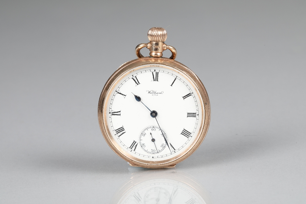 Gents 9 carat gold Waltham pocket watch, white dial, roman numerals and